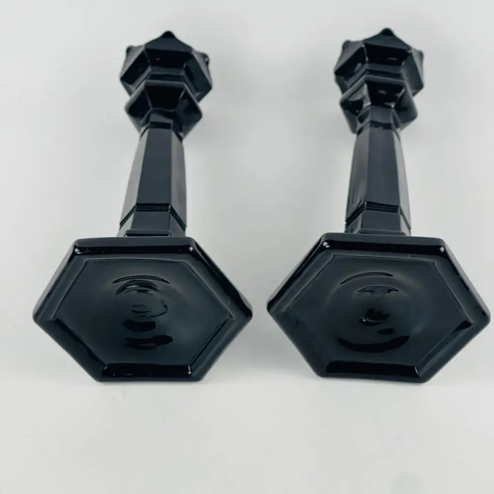 Amethyst Black Glass Vintage Candlesticks 8 1/2